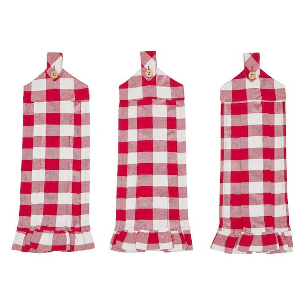 Annie Red Buffalo Check Button Loop Cotton Blend Kitchen Tea Towel Set (Set of 3)