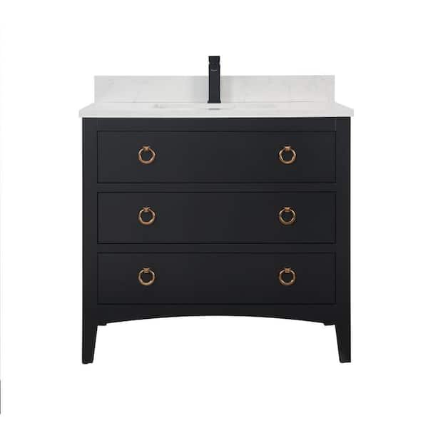 Legion Furniture French Contemporary 36in. 1 Freestanding Tricorn Black Bath Vanity with White Artificial Stone Top Assembled Bath Vanity