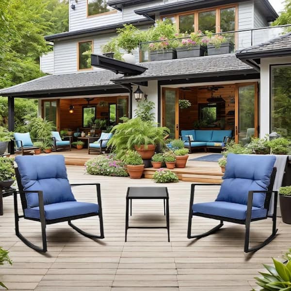 3 Pieces Patio Bistro Set Outdoor Rocking Chair with Blue Cushion for Yard Garden Poolside