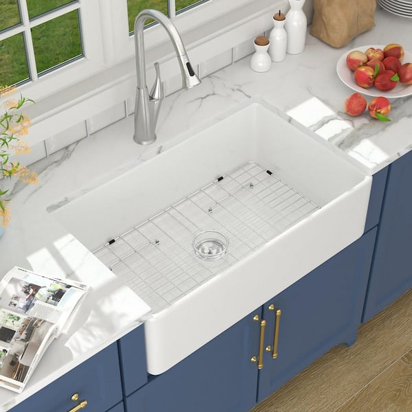White Fireclay 33 in. Single Bowl Farmhouse Apron Kitchen Sink with Bottom Grid