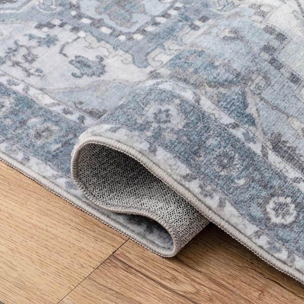 Sersi Ornate Large Medallion Border Non-Slip Machine-Washable Blue Gray/Cream 9 ft. x 12 ft. Area Rug