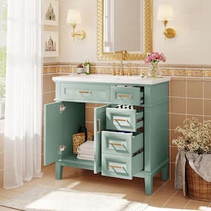 36 in. W Single Sink Freestanding Bath Vanity in Green with White Resin Top and 4 Drawers, Soft Close Doors