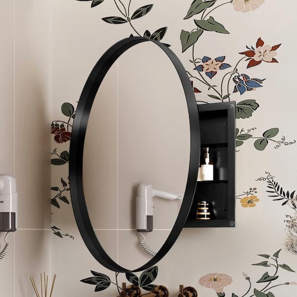 31.5 in. W x 31.5 in. H Round Medicine Cabinet with Mirror in Matte Black