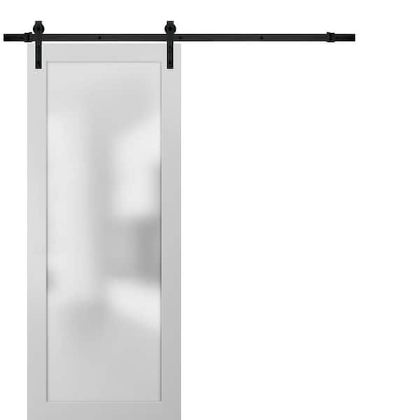 32 in. x 84 in. 1 Panel Frosted Glass White Solid Wood Sliding Barn Door with Hardware Kit