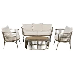 4-Piece Brown Outdoor Wicker Patio Conversation Set with Beige Cushions and Coffee Table for Porch, Backyard and Garden