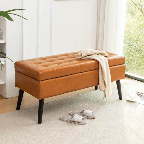 Noble House Gilan Brown PU Leather Tufted Storage Ottoman Bench, Solid Wood Legs