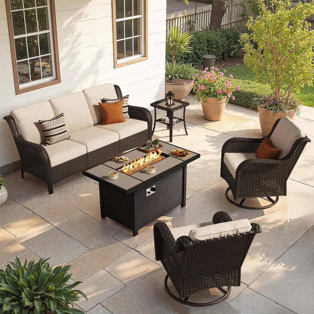 Newport Brown Wicker 5-Piece Patio Conversation Sofa Swivel Chairs Set with Metal Fire Pit and Beige Cushions price history on PriceWatchPro