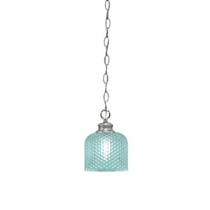 Tyler 60-Watt 1-Light Brushed Nicke Chain Mini Pendant Light with Turquoise Textured Glass Shade