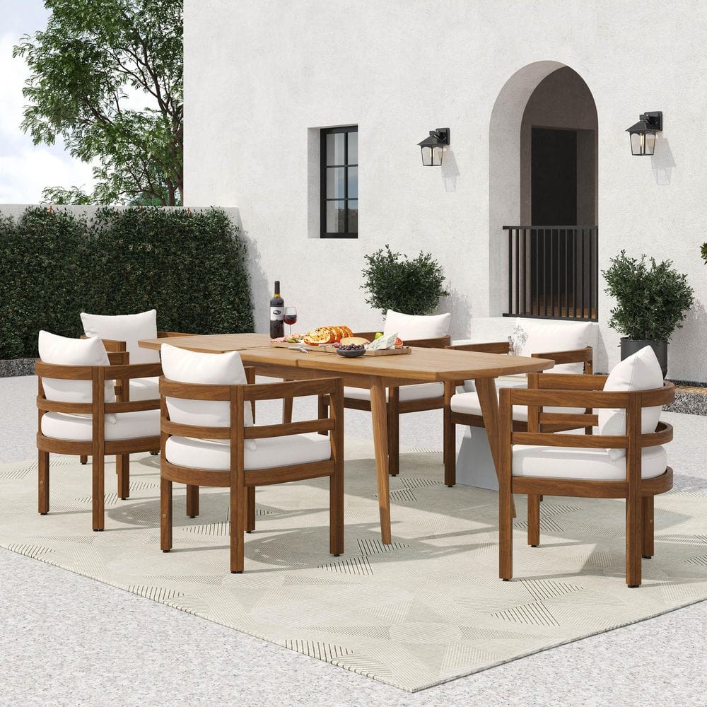 Muriel 7-Piece Wood Patio Outdoor Dining Set with Beige+Brown Cushions Dining Chair and Teak Expandable Dining Table