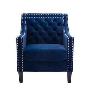 Navy Modern Velvet Upholstery Accent Chair with Nailheads and Solid Wood Legs