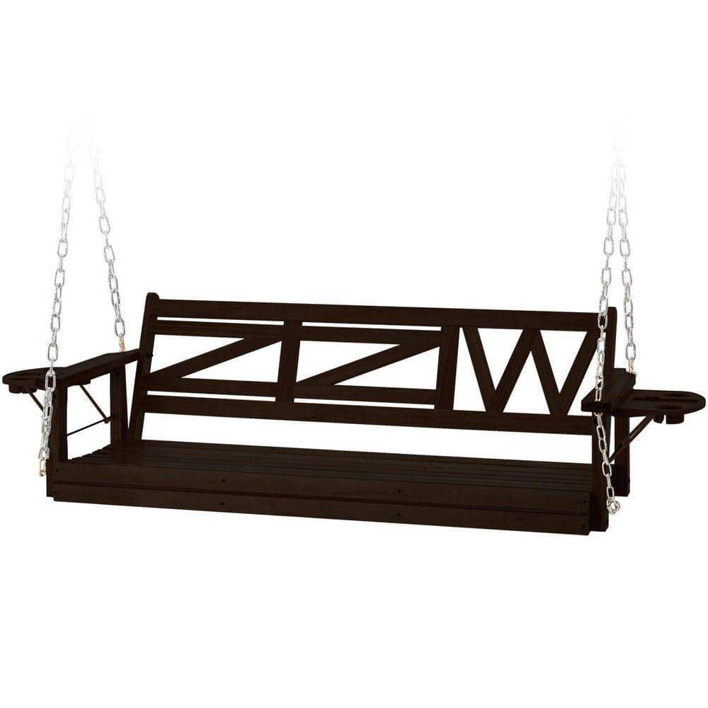 3-Person Dark Brown Wood Heavy Duty Porch Swing Bench for Adults with Hanging Chains and Upgraded Cupholders