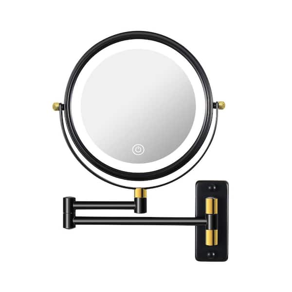 FUNKOL 8.6 in. Round 1x/10x Magnifying Wall Mounted Black and Gold Bathroom Makeup Mirror with LED Lights (Battery/USB Powered)