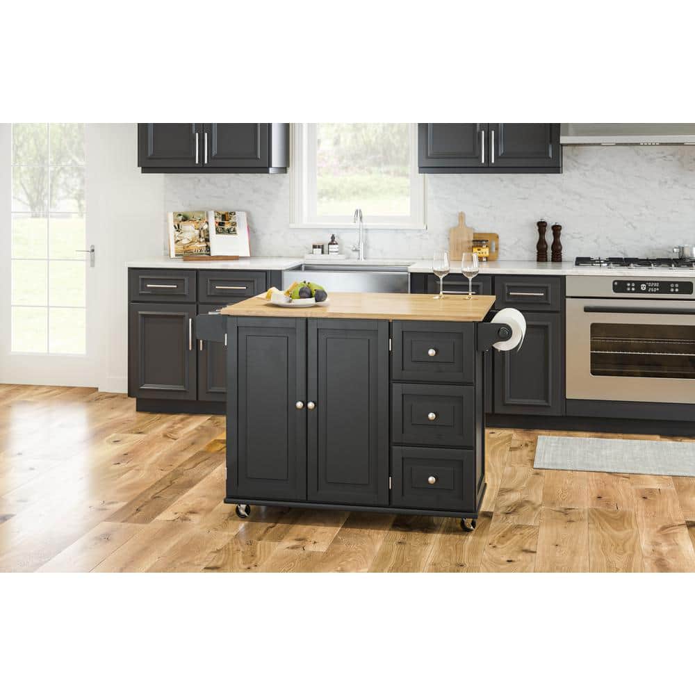 Black Wood Kitchen Cart with Drop Leaf and Storage