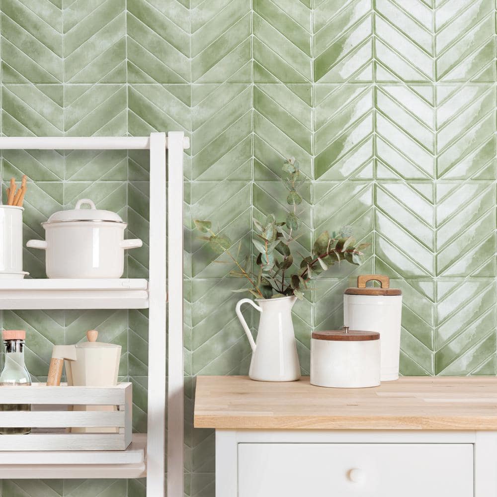 Chevron Solna Green Glossy Peel and Stick Backsplash Tile Set