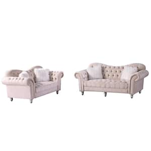 Luxury Classic 2-Piece America Chesterfield Tufted Camel Back Armchair Sofa Set Loveseat and Sofa in Beige