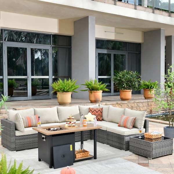 Toject Sanibel Gray 8-Piece Wicker Outdoor Patio Conversation Sofa Seating Set with a Storage Fire Pit and Beige Cushions
