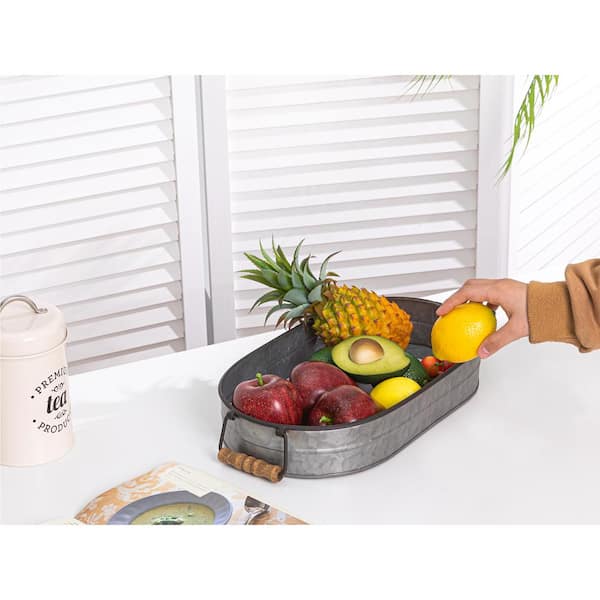 Unbranded Galvanized Gray Metal Oval Tray with Wood Ear Handles
