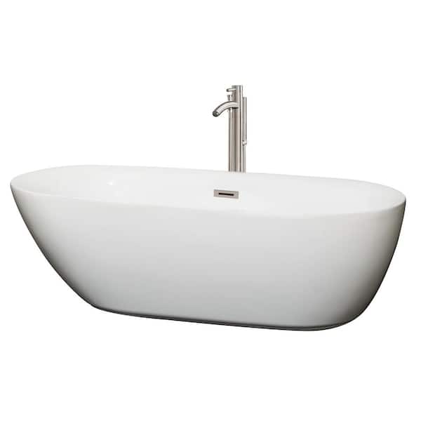 Wyndham Collection Melissa 70.75 in. Acrylic Flatbottom Center Drain Soaking Tub in White with Floor Mounted Faucet in Brushed Nickel