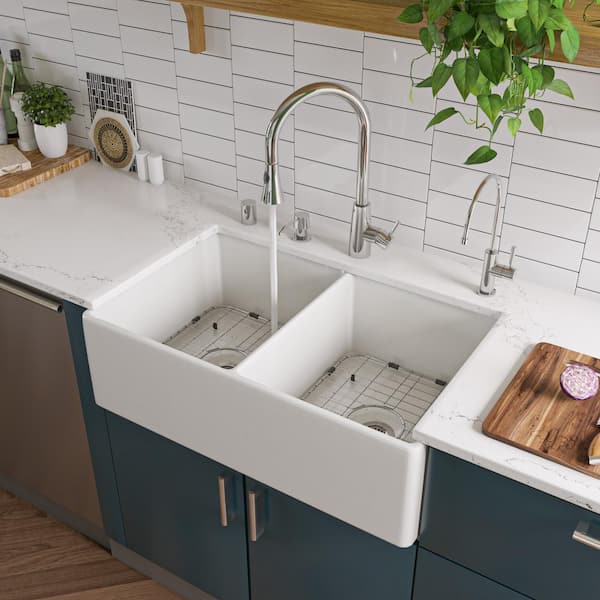 ALFI BRAND Smooth Farmhouse Apron Fireclay 33 in. 0-Hole 50/50 Double Basin Kitchen Sink in White