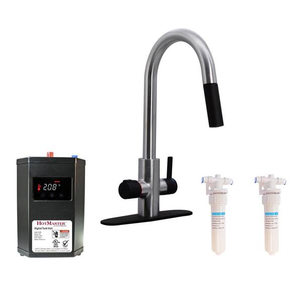 Westbrass HotMaster 4-in-1 Single-Handle Instant Hot Water Pull Down Kitchen Faucet with DigiHot Tank in Stainless Steel/Black
