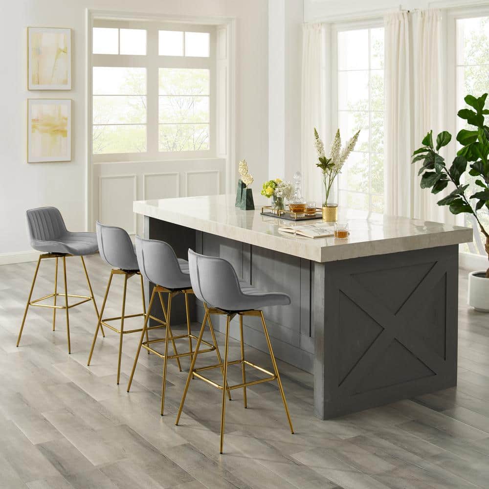 Luxurious Gray Velvet & Gold-Plated Swivel Bar Stool Set