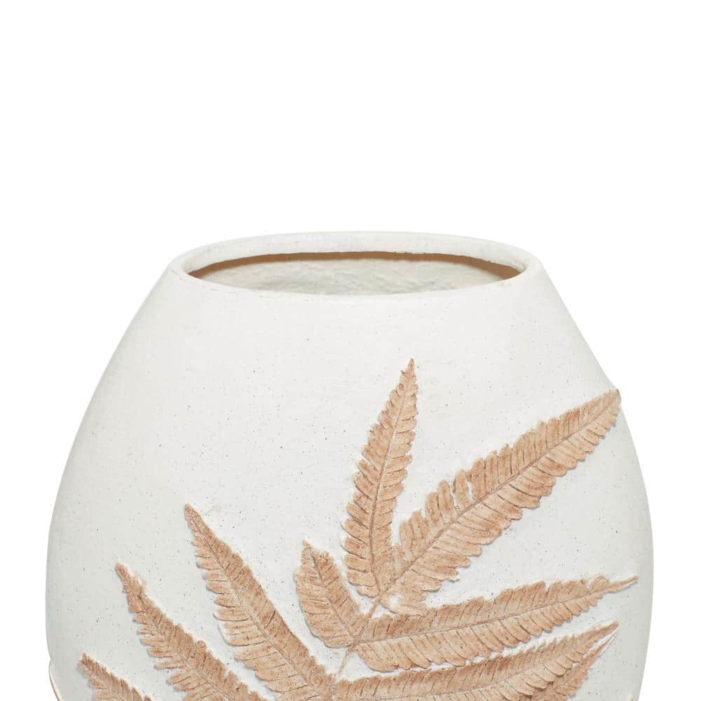 White and Beige Polystone Floor Vase with Leaf Design