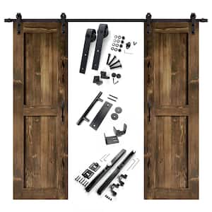24 in. x 84 in. H-Frame Walnut Double Pine Wood Interior Sliding Barn Door with Hardware Kit Non-Bypass