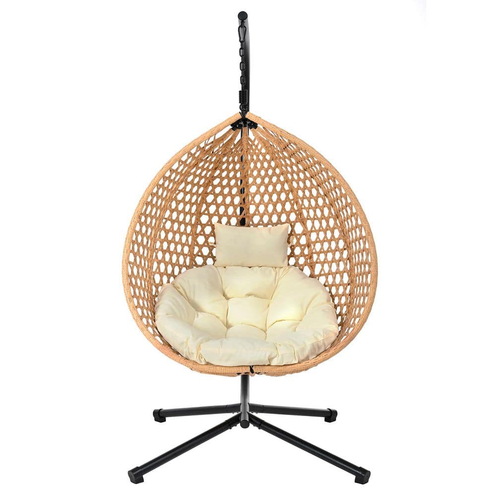 6.4 ft. Free Standing Quilted Hammock Chair with Stand, Rattan Weaving and Soft Removable Cushion in Beige and Brown price history on PriceWatchPro