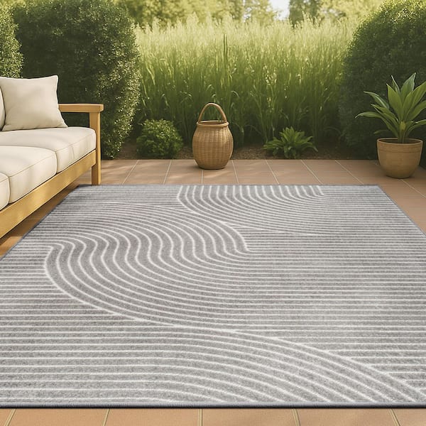 JONATHAN Y Skagen High-Low Minimalist Curve Geometric Gray/Ivory 8 ft. x 10 ft. Indoor/Outdoor Area Rug