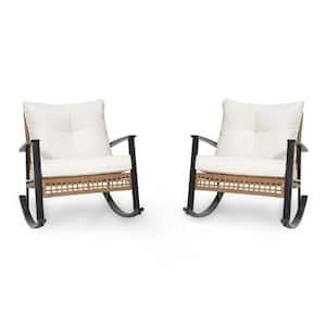 Rattan Wicker Outdoor Rocking Chair with Beige Cushions 2-Pack