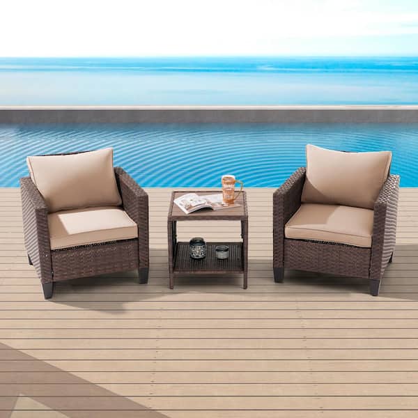 Sonkuki 3-Piece Brown Wicker Patio Outdoor Single Sofa Set Set with Side Table Sand Cushion
