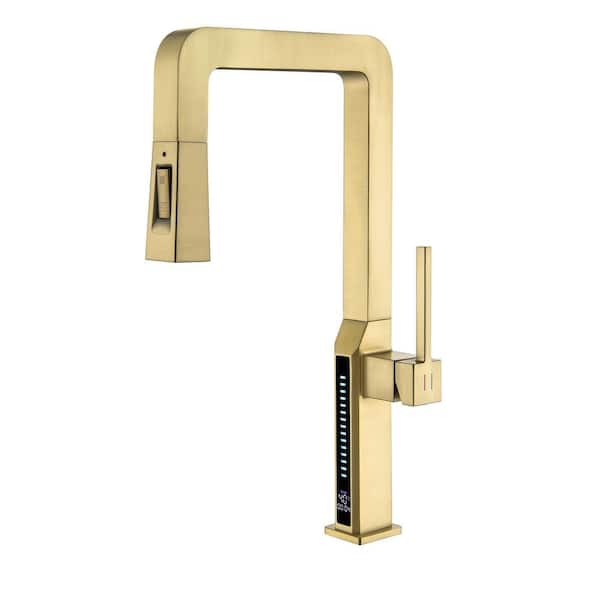 LED Temperature Digital Display Single Handle Pull Down Sprayer Kitchen Faucet with Advanced Spray in Brushed Gold