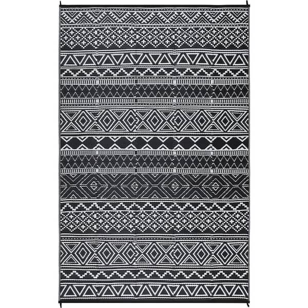 9*12FT Black/White Boho Reversible Waterproof Outdoor Patio Rug, for Deck/Porch/Balcony/Backyard/Picnic