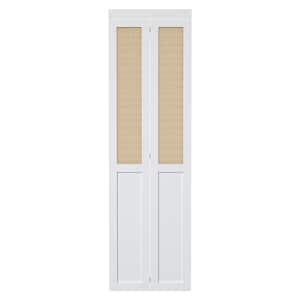 24 in. x 80.5 in. Paneled Solid Core White Finished  Wood and Imitated Rattan Weaving Bi-Fold Door with Hardware