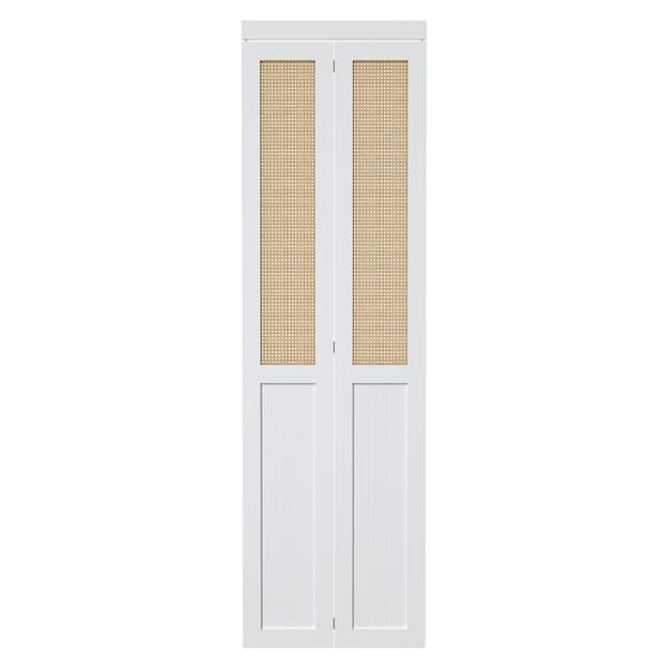 ARK DESIGN 24 in. x 80.5 in. Paneled Solid Core White Finished Wood and Imitated Rattan Weaving Bi-Fold Door with Hardware
