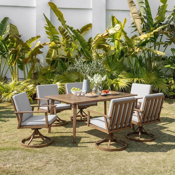 Alulux WoodLike 7-Piece Aluminum Outdoor Dining Set with 6 Swivel Dining Chairs and White Cushions