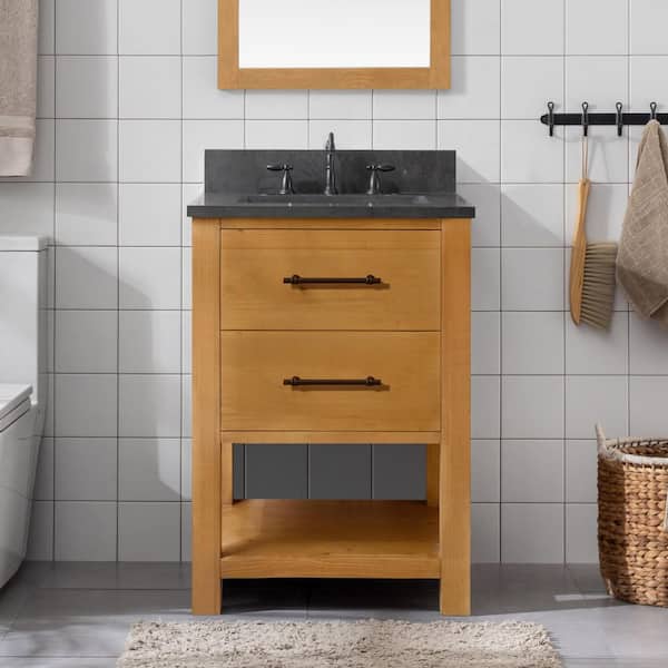 Windwood 24 in. W x 22 in. D x 34 in. H Bath Vanity in Natural with Blue Limestone Vanity Top with White Sink