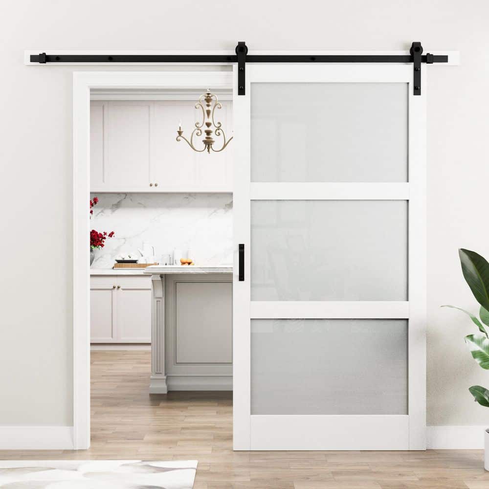 White Finished Composite MDF Sliding Barn Door with Frosted Glass Panels