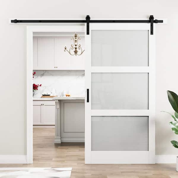 EH PUERTA 42 in. x 84 in, 3 Lite Tempered Frosted Glass White Finished Composite MDF Sliding Barn Door Slab with Hardware Kit