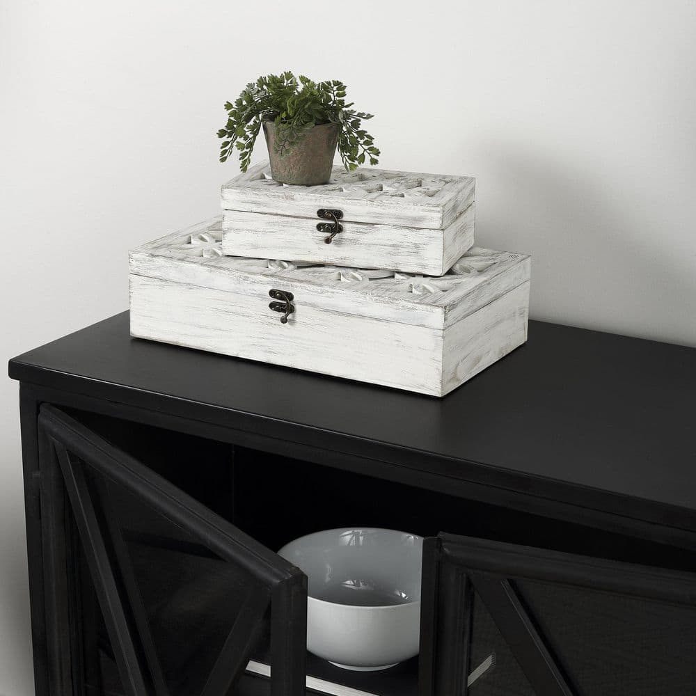 Set of Two Distressed Whitewashed Wooden Decorative Boxes