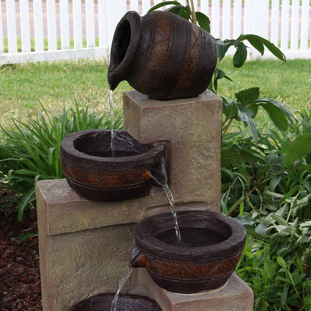 30-Inch Brown Polystone Solar Powered Cascading Water Fountain with LED Light