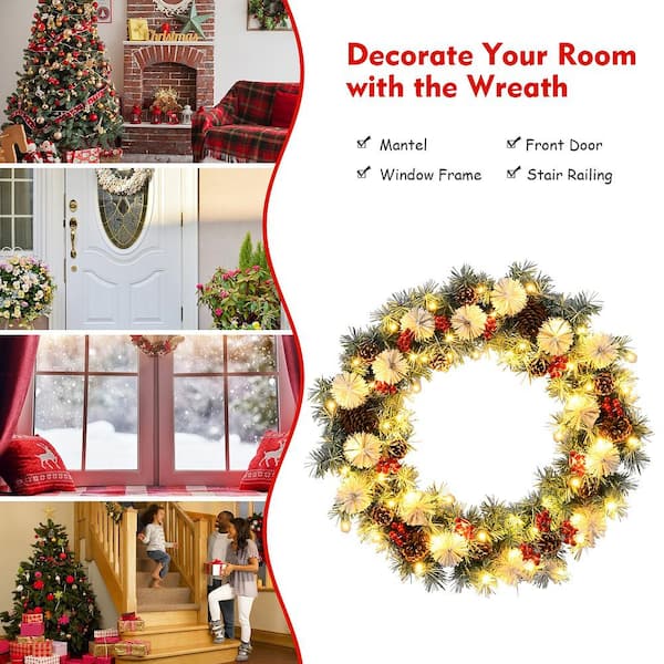 Costway 30  Pre-lit Artificial Christmas Wreath w/Dry Straw Bow & Pine  Cones CM23617 - The Home Depot