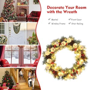 30 in. Pre-Lit Flocked Artificial Christmas Pine Wreath with Mixed Decorations