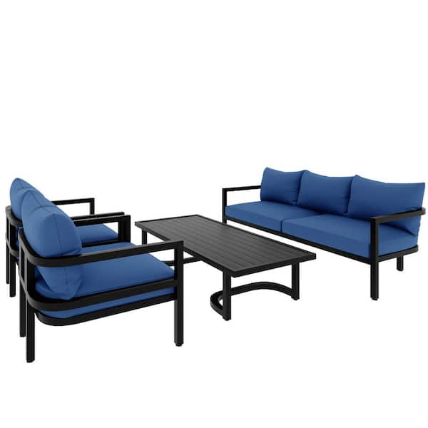 Anvil 4-Piece Metal Patio Conversation Set Outdoor Sectional Sofa Set with Blue Cushions and Coffee Table