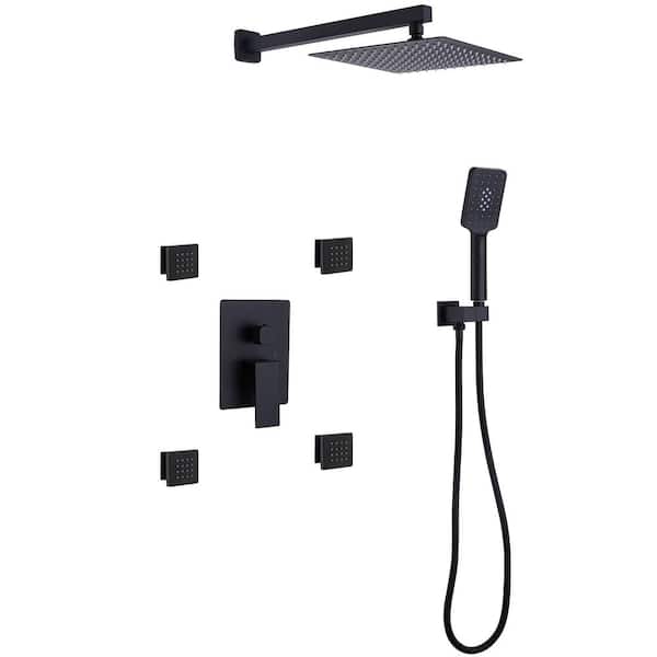Single Handle 3-Spray Wall Mount Shower Faucet 4.4 GPM with Pressure Balance 10 in. Brass Shower Trim Kit in Matte Black