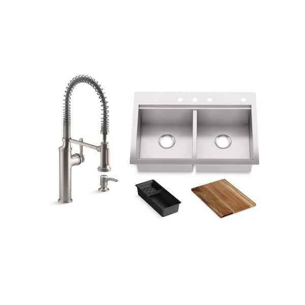 KOHLER Lyric 33 in. Stainless Steel 18 Gauge Drop in/Undermount Workstation Double Bowl Kitchen Sink with Semi Pro Faucet