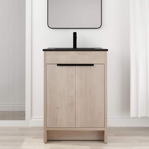 FAMYYT 24 in. W x 18.3 in. D x 34 in. H Freestanding Bath Vanity in Black with Black Ceramic Top and Sink