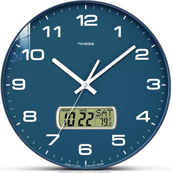 Afoxsos 13 in. Blue Analog Non-Ticking Battery Operated with LCD Display for Ideal Modern Home, Bedroom, Kitchen and Office