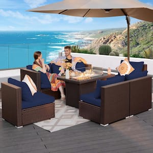 Luxury 7 Pieces Espresso Wicker Patio Fire Pit Conversation Sectional Deep Seating Sofa Set with Navy Blue Cushions