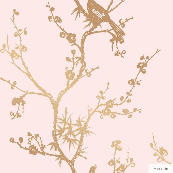 Cynthia Rowley Pink and Metallic Gold Bird Watching Vinyl Peel and Stick Wallpaper Roll (Covers 60 sq. ft.)